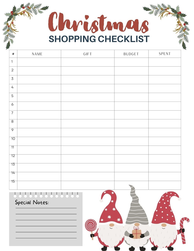 Christmas Shopping Checklist Printable Christmas Gift Etsy