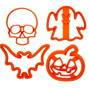 Set of 4 Halloween Cookie Cutters (Jack o'Lantern pumpkin, skull, bat and ghost) for party decoration