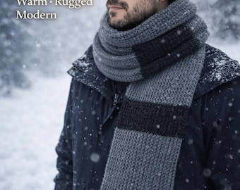 Wzór na szydełkowy szalik termiczny, wzór na szydełkowy szalik męski, gruby szalik zimowy, łatwy wzór szydełkowy w formacie PDF, nowoczesny szalik prążkowany