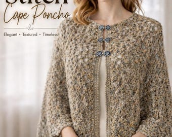 Wzór na pelerynę poncho haftowaną krzyżykiem w formacie PDF, Elegancki wzór na pelerynę szydełkową, Damski szal, Teksturowany ubiór szydełkowy, Natychmiastowe pobranie