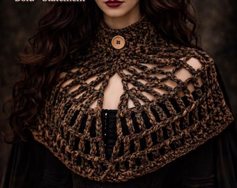 Wzór na szydełkową pelerynę w stylu steampunk, wzór na pelerynę w stylu leśnej fantazji, ażurowy szal szydełkowy w stylu boho, peleryna w stylu renesansowym