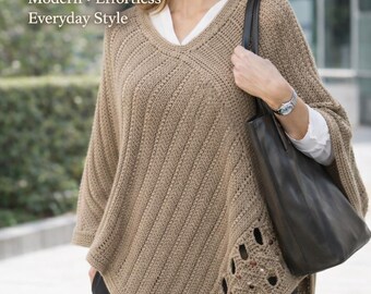 Nowoczesny wzór na szydełkowe ponczo, asymetryczny dół, szal o wyglądzie dzianiny (wzór w formacie PDF)