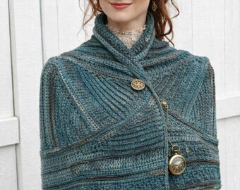 Wzór na szydełkową pelerynę w stylu steampunk, wiktoriański szal-peleryna, teksturowany szal na ramiona, peleryna zapinana na guziki, wzór szydełkowy w formacie PDF