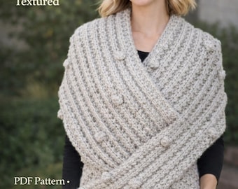 Wzór na gruby szal szydełkowy, teksturowany szal z pomponami, obszerny zimowy szal, przytulny wzór szydełkowy w formacie PDF, nowoczesny szal z pomponami