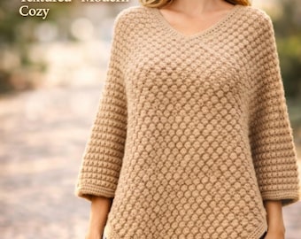 Wzór na teksturowany szydełkowy ponczo, nowoczesny top boho z dekoltem w serek (do pobrania w formacie PDF)