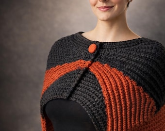 Wzór na pelerynę zapinaną na guziki, nowoczesny szal szydełkowy, teksturowany szal na ramiona, efektowny wzór szydełkowy w formacie PDF, retro-futurystyczny wzór peleryny