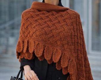 Wzór na szydełkowy ponczo w formacie PDF, ponczo z brzegiem liściastym, teksturowany oplot kablowy, asymetryczny szal szydełkowy, ponczo jesienno-zimowe