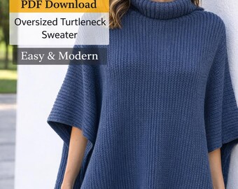 Wzór na szydełkowy ponczo w prążki w formacie PDF, obszerny golf, nowoczesny gruby ponczo, łatwy top na jesień i zimę, wzór na szydełko dla kobiet