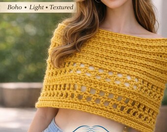 Wzór na szydełkowy krótki ponczo w formacie PDF, Wzór na szydełkowy top w stylu boho, Letni szal na ramiona, Koronkowy krótki top, Wzór na szydełkowy dla początkujących