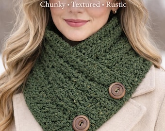 Wzór na komin z warkoczem, komin z guzikami, rustykalny gruby kołnierz szydełkowy, teksturowany zimowy szal na szyję (PDF)