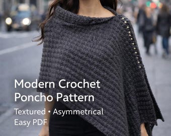 Wzór na szydełkowy ponczo w formacie PDF, nowoczesny teksturowany asymetryczny szal, gruby szal szydełkowy, łatwy wzór dla początkujących