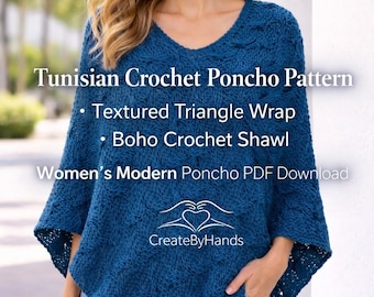 Wzór na tunezyjski szydełkowy ponczo, teksturowany trójkątny szal, szydełkowy szal w stylu boho, nowoczesny damski ponczo do pobrania w formacie PDF