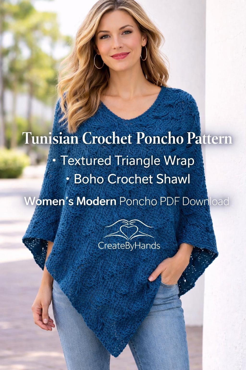 Triangular Poncho Sewing Pattern Tunisian Crochet Poncho Pattern, Textured Triangle Wrap, Boho Crochet ...