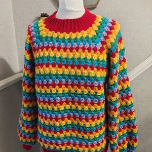 Crochet jumper pattern, top down, no sew, granny stripe, bell sleeve, rainbow, crew neck ladies or mens crochet sweater US and UK terms image 2