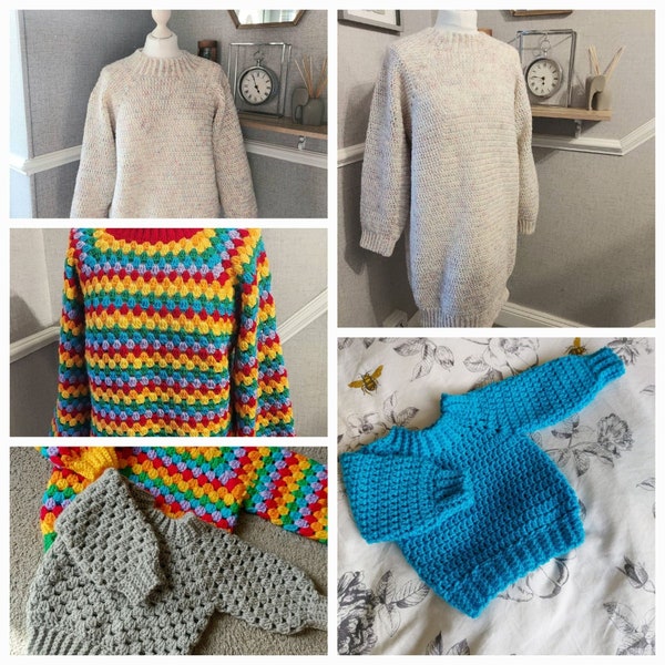 5 x Crochet jumper patterns  top down, no sew,  granny stripe, bell sleeve, rainbow, crew neck ladies mens  childrens crochet sweater