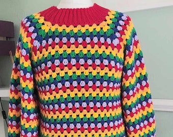 Crochet jumper pattern, no sew,  granny stripe, rainbow, crew neck ladies or mens crochet sweater pattern, UK + US,  PDF digital download