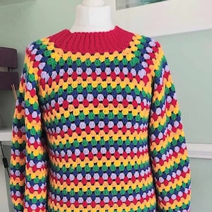 Crochet jumper pattern, top down, no sew,  granny stripe, rainbow, crew neck ladies or mens crochet sweater pride  UK and US terms