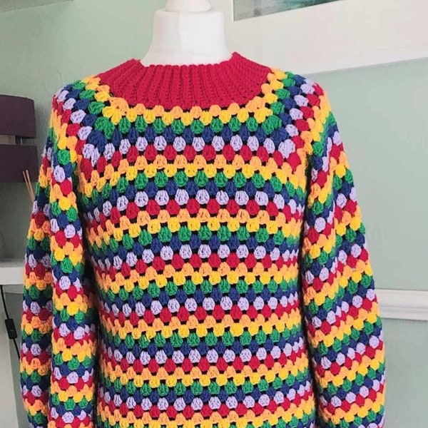 Crochet jumper pattern, top down, no sew,  granny stripe, rainbow, crew neck ladies or mens crochet sweater pride  UK and US terms