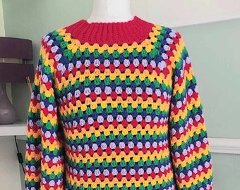 Crochet jumper pattern, top down, no sew,  granny stripe, bell sleeve, rainbow, crew neck ladies or mens crochet sweater US and UK terms