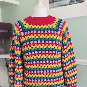 Crochet jumper pattern, top down, no sew,  granny stripe, bell sleeve, rainbow, crew neck ladies or mens crochet sweater US and UK terms