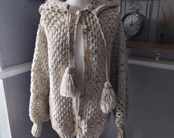Crochet pattern for hooded hexi cardigan / hooded jacket, with thumb holes.  imternediate / advanced beginner level hexi cardi