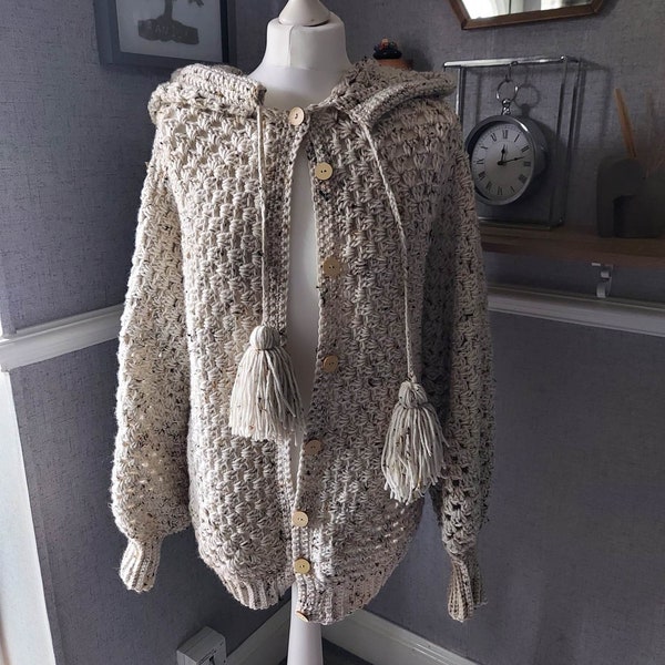 Crochet pattern for hooded hexi cardigan / hooded jacket, with thumb holes.  imternediate / advanced beginner level hexi cardi