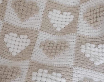 Crochet blanket Pattern, Chequered Hearts bobble stitch blanket, afghan, sofa throw, bed throw, valentines, baby shower, PDF digital downloa
