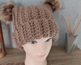 Crochet hat pattern for ladies or mans mens double  bobble hat / beanie with faux fur pompom craft fayre idea