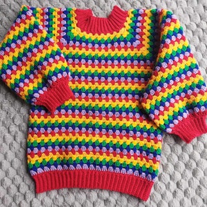 Crochet jumper pattern, top down, no sew, granny stripe, bell sleeve, rainbow, crew neck ladies or mens crochet sweater US and UK terms image 5