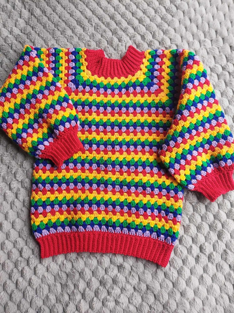 Crochet jumper pattern, top down, no sew, granny stripe, bell sleeve, rainbow, crew neck ladies or mens crochet sweater US and UK terms image 5