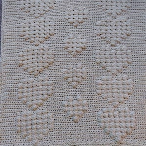 Crochet Pattern, Pram, stroller, carseat Hearts bobble stitch blanket digital download