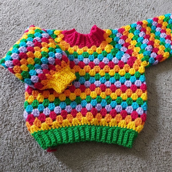 Baby / childs Crochet jumper pattern, no sew,  granny stripe, bell sleeve, rainbow,  crochet sweater kids age 1 to age 12 Pride clothing