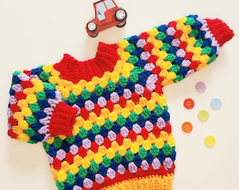 Baby / childs Crochet jumper pattern, no sew,  granny stripe, bell sleeve, rainbow,  crochet sweater kids age 1 to age 12 Pride clothing