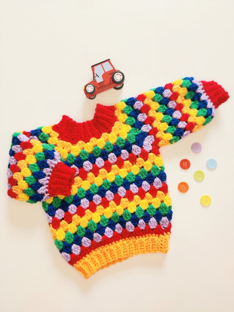 Baby / childs Crochet jumper pattern, no sew, granny stripe, bell sleeve, rainbow, crochet sweater kids age 1 to age 12 Pride clothing image 1