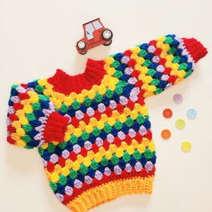 Baby / childs Crochet jumper pattern, top down, no sew,  granny stripe, bell sleeve, rainbow, crew neck crochet sweater kids age 1 to age 12