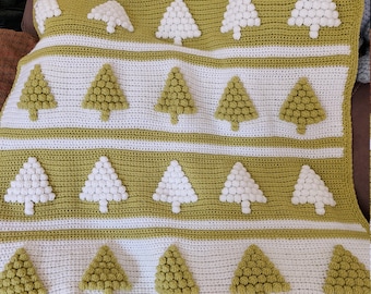 Crochet Pattern, Christmas Trees, bobble stitch blanket, Crochet Blanket Pattern, green and white, christmas blanket, PDF digital download