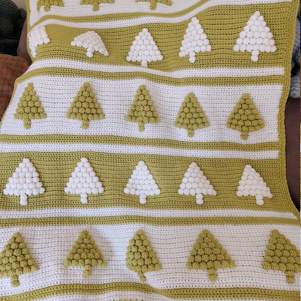 Modèle au crochet pour arbres de Noël, point de pompon, couverture en aran afghan / jeté de canapé / lit deux tons vert et blanc