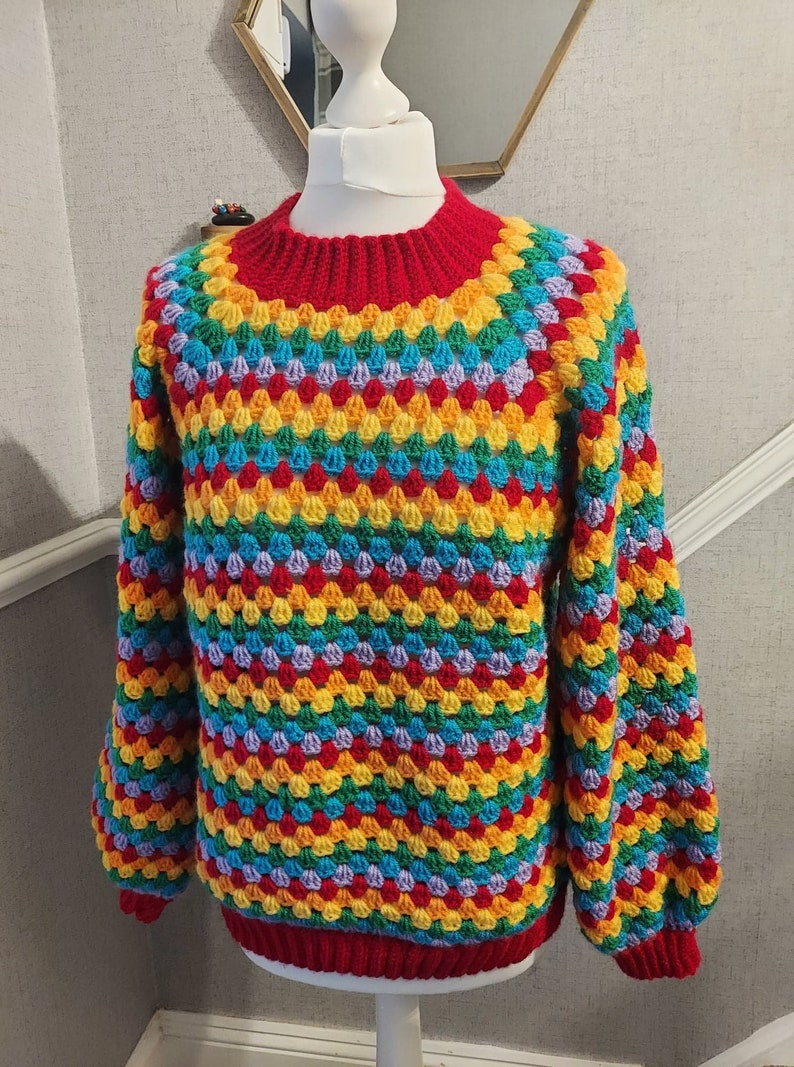 Crochet jumper pattern, top down, no sew, granny stripe, bell sleeve, rainbow, crew neck ladies or mens crochet sweater US and UK terms image 2