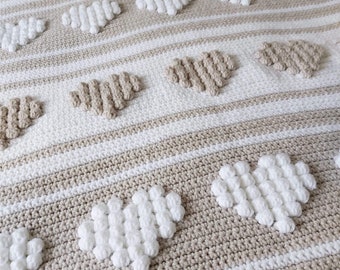 Crochet Pattern, Mellow Hearts bobble stitch blanket, afghan, PDF digital download, special gift, valentines, baby shower, US and UK terms