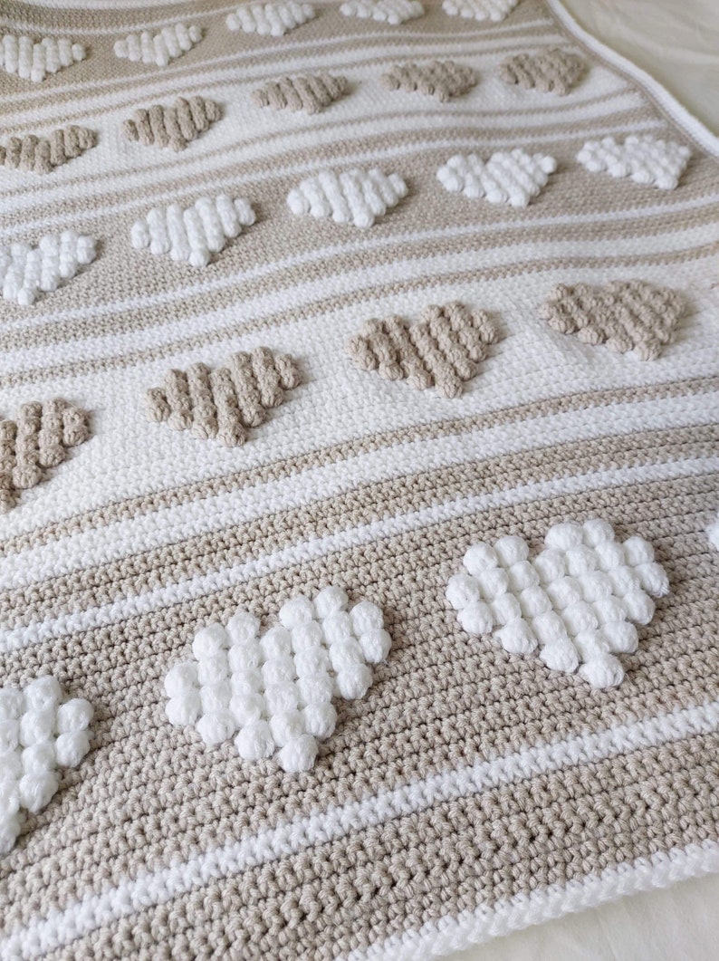 Crochet Pattern, Mellow Hearts bobble stitch blanket, afghan, sofa throw, bed throw, special gift, valentines, baby shower, US and UK terms image 1