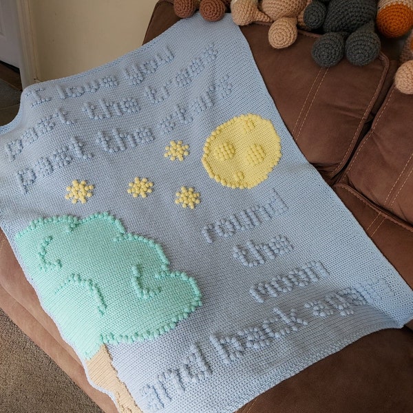Crochet pattern for neutral baby blanket I Love You Round the Moon and Back