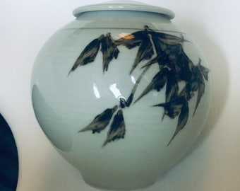 Large Calligraphic Vessel Vase Pot With Lid by Bruce Van Valen Signed