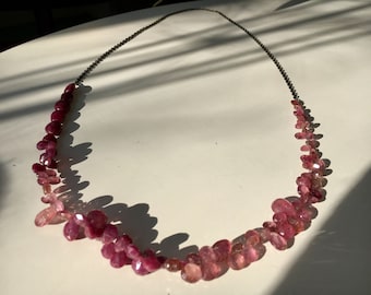 Ruby & Pink Tourmaline Drop Necklace with Sterling chain organic mid century modern
