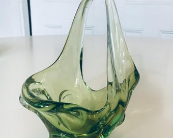Murano Green Art Glass Centerpiece Vase Fruit Bowl Italy 1960s