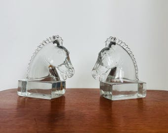 Vintage Heisey Glass Horse Head Sculptures/ Bookends art deco mid century modern