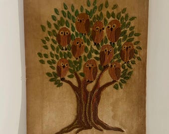 1940s Folk Art Owls Family Tree of Life Embroidery Handmade Vintage Danish Modern