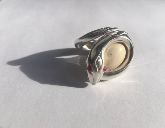 1960s Ruby and Fossil Snake Ring Sterling Silver … - image 3