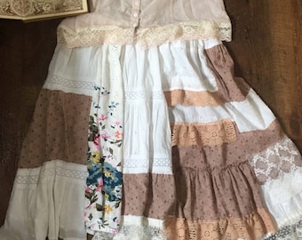 Patchwork with Lace Skirt. Vintage, Shabby Chic Mori Girl Skirt. (size Medium/Large) Hand made by Seashellanna
