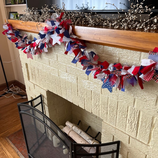 Americana Rag Garland Patriotic Fabric Garland Fourth of July Decor Red white Blue mantle garland