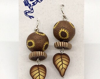 Sunflower and leaf earrings
